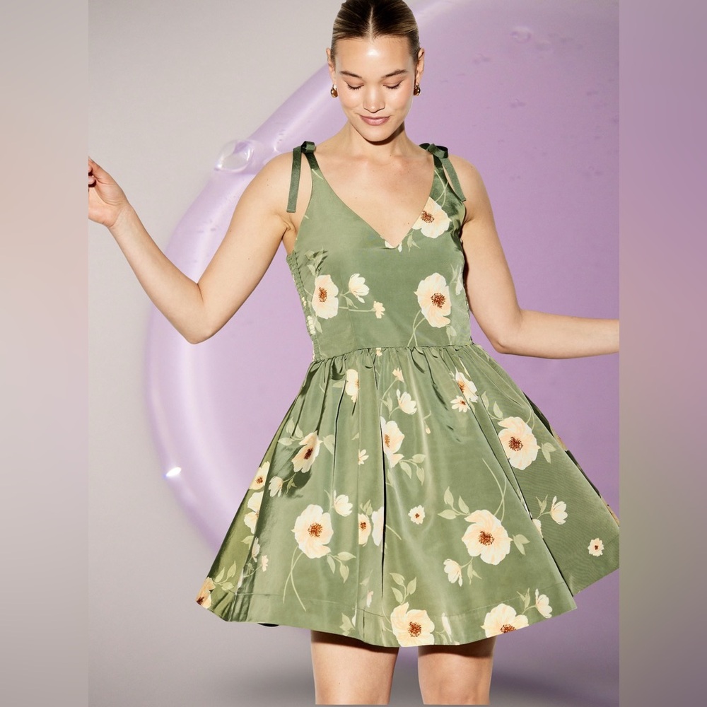 NWTS💓THE OCCASION XL💓SAGE TAFFETA PARTY DRESS FIT & FLARE ZIP CLOSURE SIDE SMOCK - Picture 2 of 15